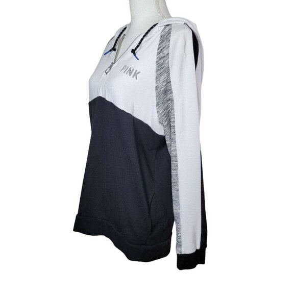 PINK Pullover Quarter Zipper Hoodie Pockets Block Color Black White Womens Small - Picture 13 of 14